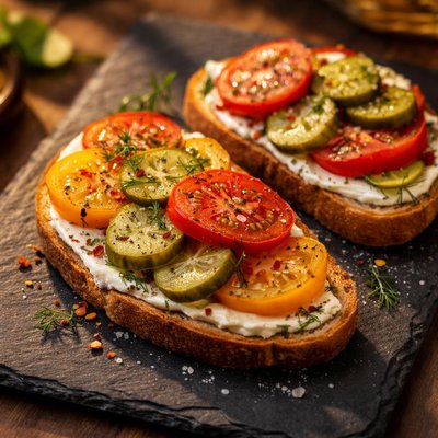 Open-faced sandwich with tomatoes and pickles
