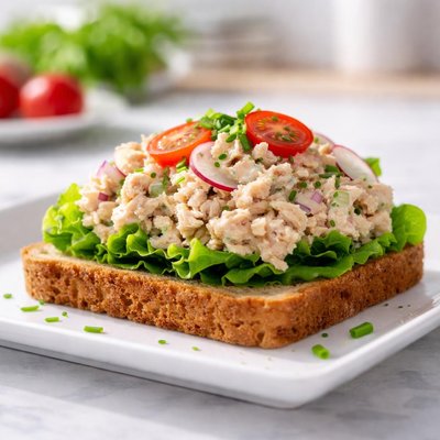Open-faced sandwich with tuna salad