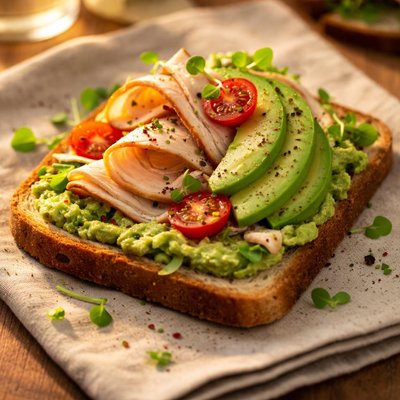Open-faced sandwich with turkey and avocado