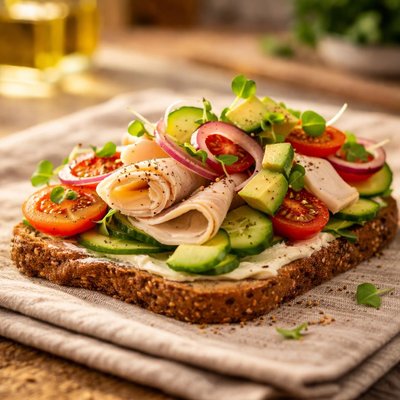 Open-faced sandwich with vegetables and meat