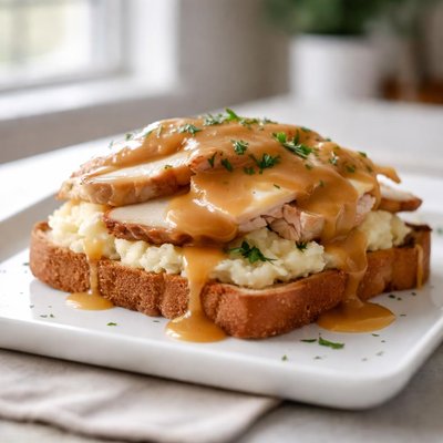 Open-faced turkey sandwich with gravy