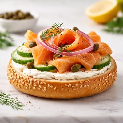 Open faced smoked salmon bagel sandwich