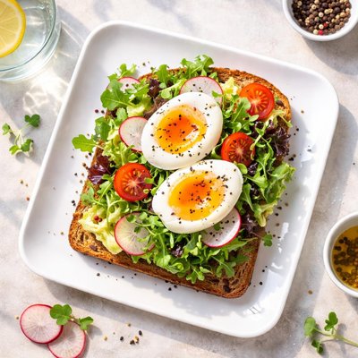 Open sandwich with egg and salad
