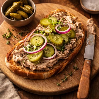Open sandwich with liver pate and pickles