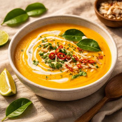 Organic butternut squash kaffir lime leaf and coconut soup