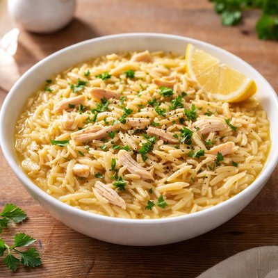 Orzo cooked in chicken bone broth