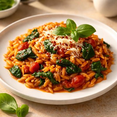Orzo pasta with tomato sauce and spinach