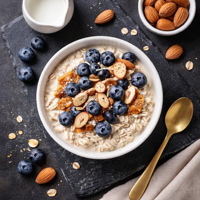 Avena nocturna con almendras y arándanos y leche vegetal