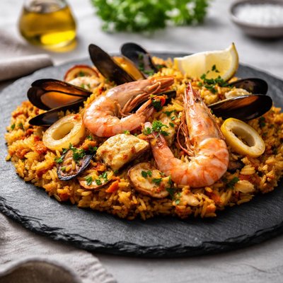 Fish and seafood paella