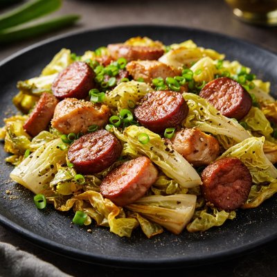 煎炒青菜白菜配烟熏香肠和鸡肉