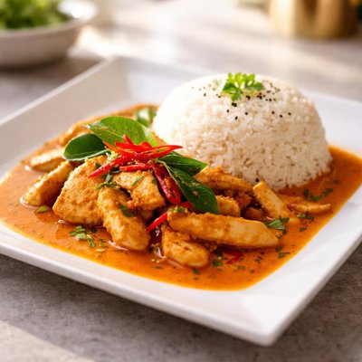 Panang curry with rice and chicken
