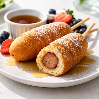 Pancake and sausage breakfast corn dog