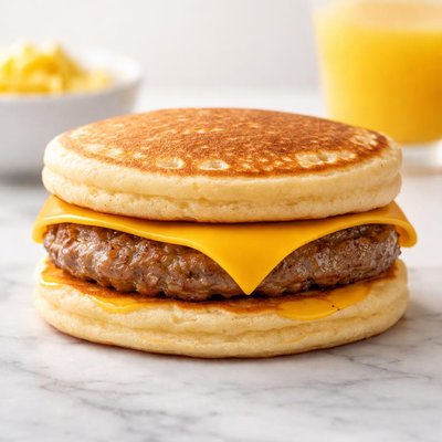 Pancake sandwich with sausage and cheese