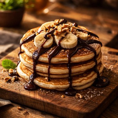 Pancake with banana and chocolate syrup