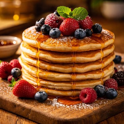Pancake with berries and syrup