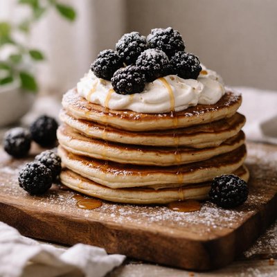 Pancake with blackberries and cream