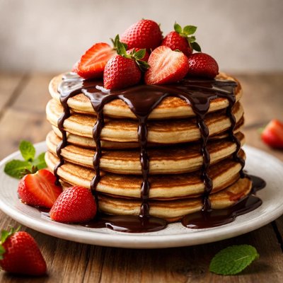 Pancake with chocolate syrup and strawberries