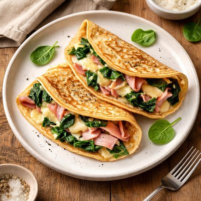 Pancake with ham and cheese and spinach