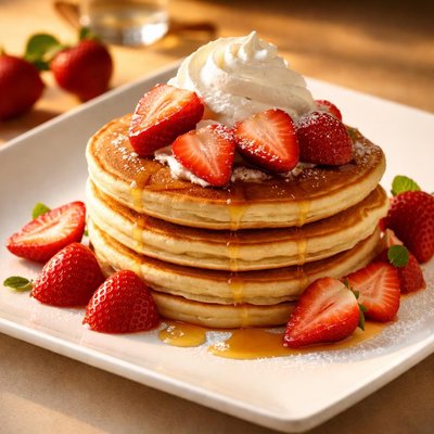 Pancake with strawberries and cream