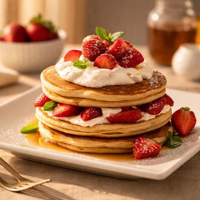 Pancake with strawberries and whipped cream