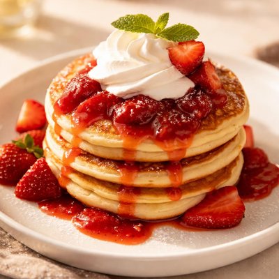 草莓酱和鲜奶油的煎饼