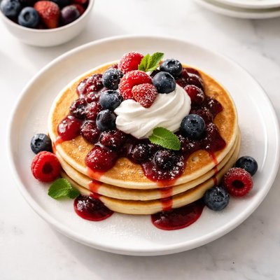Pancake with whipped cream and berry sauce