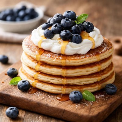 Pancake with whipped cream and blueberries