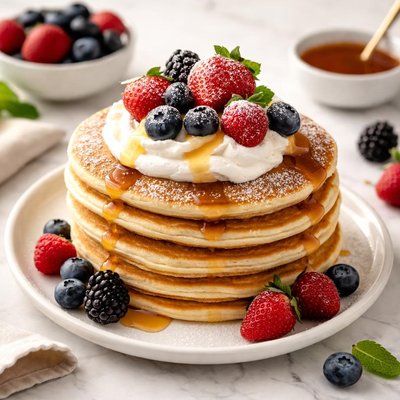 Pancakes with whipped cream and berries