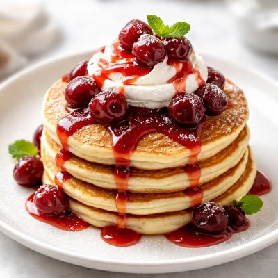 Pancakes with whipped cream and cherry topping