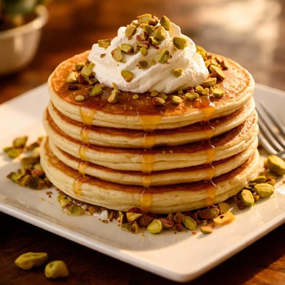 Pancakes with whipped cream and pistachios