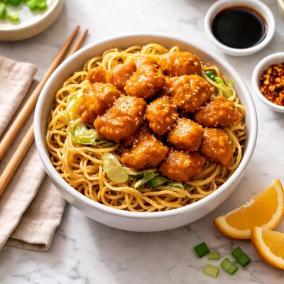 Panda express bowl chow mein and orange chicken