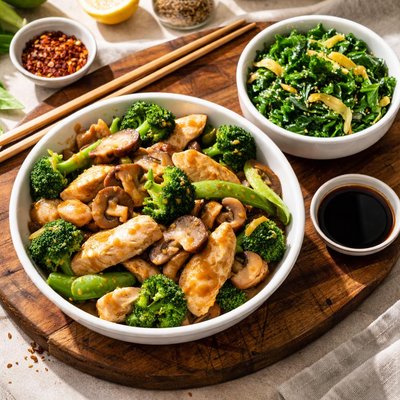 熊猫快餐鸡肉蘑菇配青菜