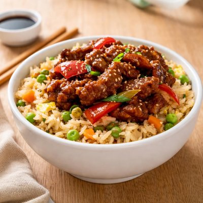 Panda express fried rice and bejing beef bowl