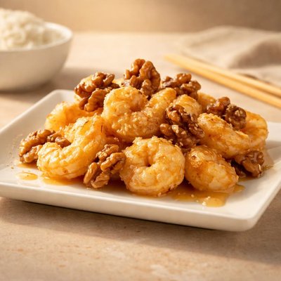 盘大快车核桃蜜汁虾