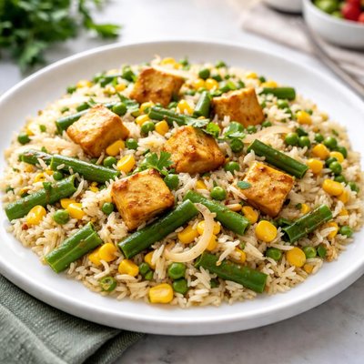 Paneer pulav with corn and beans