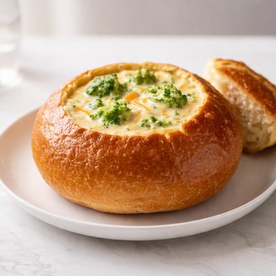 Panera bread bowl with broccoli cheddar soup