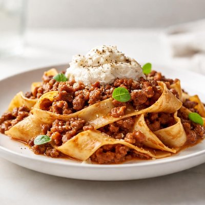 Pappardelle pasta with meat sauce and ricotta