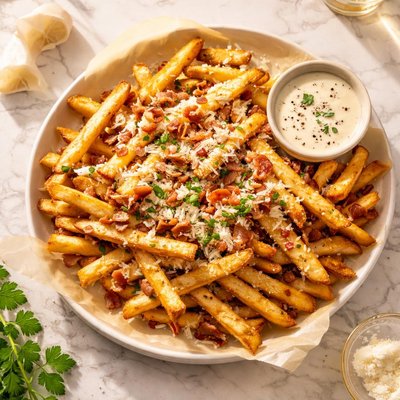 Papas fritas de ajo, parmesano y tocino.