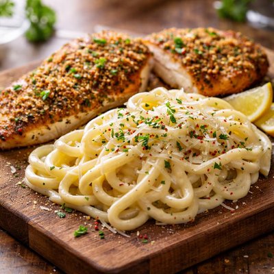 Parmesan herb crusted chicken with fettuccini alfredo cheesecake factory