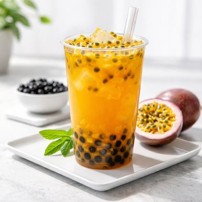 Passion fruit tea with boba