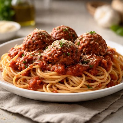 Pasta and meatballs with red sauce