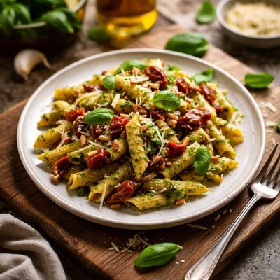 Pasta genovese with sun dried tomatoes