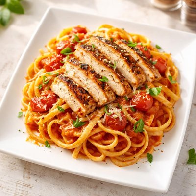 面条配酱汁和鸡