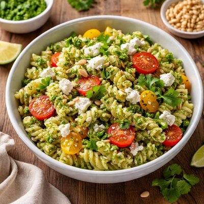 Pasta salad with cilantro pesto and goat cheese