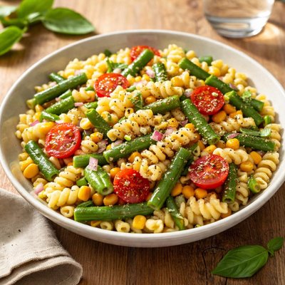 Pasta salad with green beans and corn
