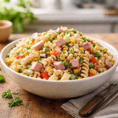Pasta salad with ham and corn