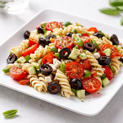 Pasta salad with tomatoes and black olives