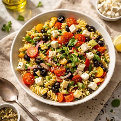 Pasta salad with vegetables and cheese