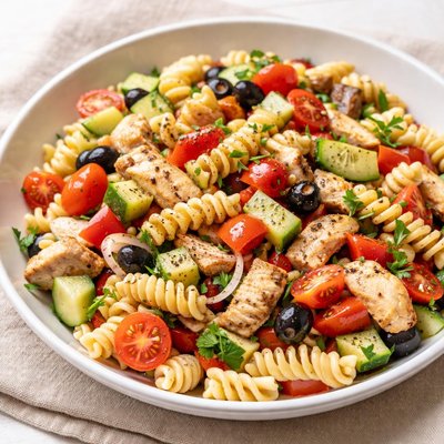 意大利面沙拉与蔬菜和鸡肉