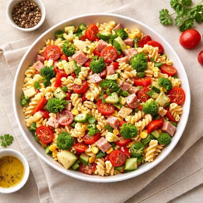 Pasta salad with vegetables and ham